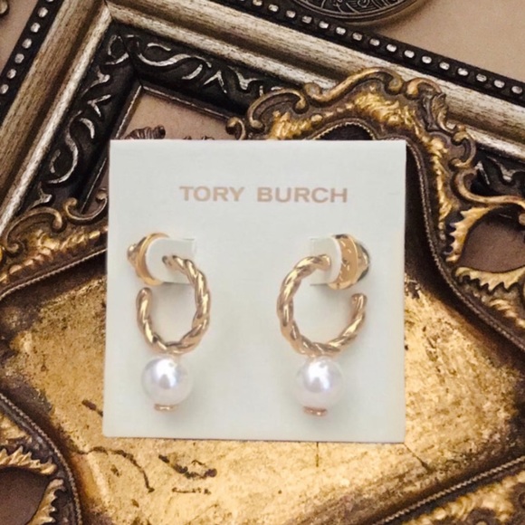TORY BURCH • Rope Logo Bead Hoop Earrings - Picture 5 of 5